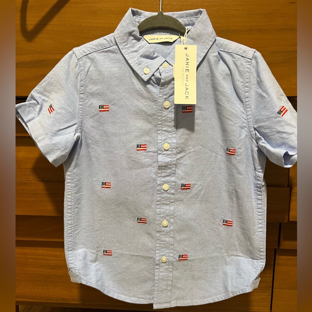 Janie and Jack Light Blue Shirt with Flag Embroidery